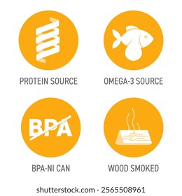 Canned fish icons set - Omega-3 source, Protein source, Wood smoked, BPA-NI can. Labeling of sea food, pictograms in flat colors