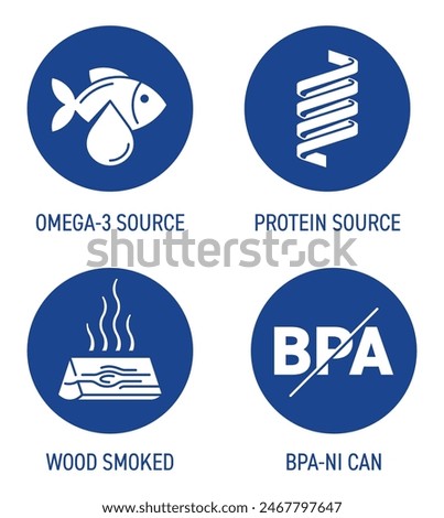 Canned fish icons set - Omega-3 source, Protein source, Wood smoked, BPA-NI can. Labeling of sea food, pictograms in flat style
