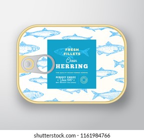 Canned Fish Label Template. Abstract Vector Fish Aluminium Container with Label Cover. Packaging Design. Modern Typography and Hand Drawn Herring Silhouette Background Layout. Isolated.