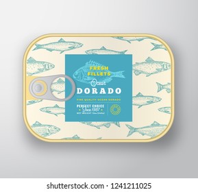 Canned Fish Label Template. Abstract Vector Fish Aluminium Container with Label Cover. Packaging Design. Modern Typography and Hand Drawn Dorado Silhouette Background Layout. Isolated.