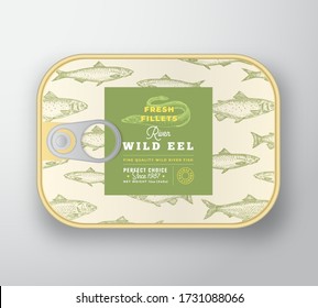 Canned Fish Label Template. Abstract Vector Aluminium Container with Label Cover. Packaging Design. Modern Typography and Hand Drawn Eel Silhouette Background Layout. Isolated.