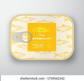 Canned Fish Label Template. Abstract Vector Aluminium Container with Label Cover. Packaging Design. Modern Typography and Hand Drawn Surmullet Silhouette Background Layout. Isolated.