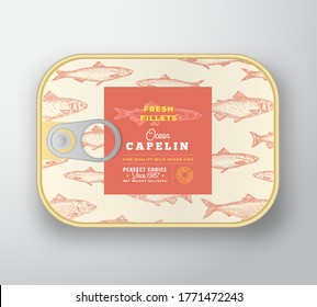 Plantilla de etiqueta de pescado en lata. Contenedor de aluminio vectorial abstracto con cubierta de etiqueta. Diseño de empaquetado. Tipografía moderna y diseño de fondo de la cámara de dibujo a mano y silueta y patrón. Aislado.