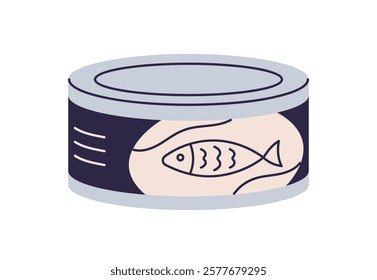 Canned fish in metal tin. Preserved conserved sea food in sealed container. Sardines tuna snack, seafood product in aluminum package. Flat graphic vector illustration isolated on white background