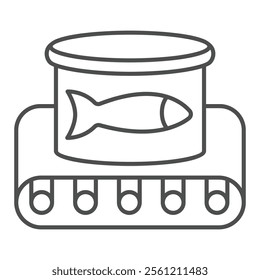 Canned fish on conveyor belt thin line icon, fishery production concept. Vector graphics. Fishing product jar sign on white background, outline style icon for mobile or web design