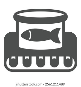 Canned fish on conveyor belt solid icon, fishery production concept. Vector graphics. Fishing product jar sign on white background, glyph style icon for mobile or web design