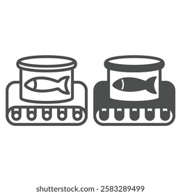 Canned fish on conveyor belt line and solid icon, fishery production concept. Vector graphics. Fishing product jar sign on white background, outline style icon for mobile or web design