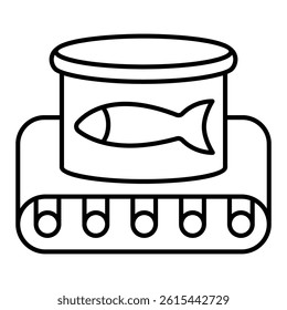 Canned fish on conveyor belt thin line icon, fishery production concept. Vector graphics. Fish can, product sign on white background, linear style for mobile or design