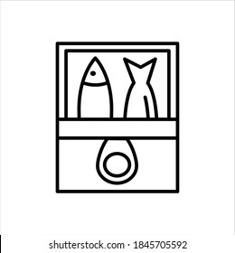 Canned fish. Opened can of sardines. Vector line icon. Preserved seafood from tuna or salmon. Isolated object on white background