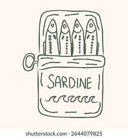 Canned fish sardines hand drawn minimal design. Retro canned design. Fish vintage artwork. Vector illustration