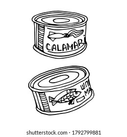 canned fish & squid, delicious seafood for icon, logo or emblem, vector illustration with black ink contour lines isolated on a white background in a hand drawn & doodle style