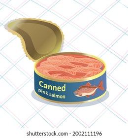 Canned fish. Tinned pink salmon. Fish dishes. Tin can with pink salmon fillet.