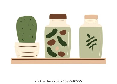 Canned food and cactus on shelf in a row. Meal preserved in a glass jar from supermarket or farmer market in zero-waste packaging for eco-friendly design. Vector illustration in organic flat style.