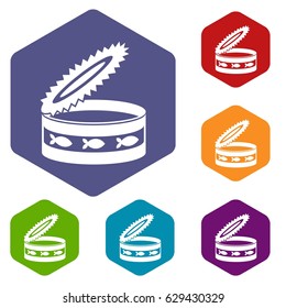 Canned food for cat icons set hexagon isolated vector illustration