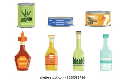 Canned Food Collection, Preserved Goods in Sealed Cans and Bottles Vector Illustration Isolated on White Background