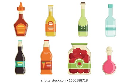 Canned Food Collection, Various Grocery Goods, Preserved Food in Sealed Bottles and Jars Vector Illustration on White Background
