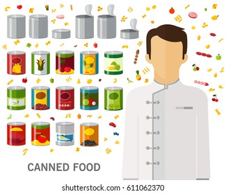 canned food concept background. Flat icons.