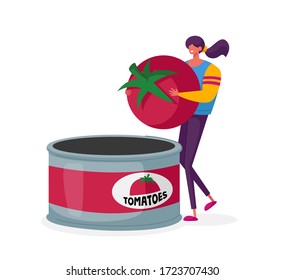 Canned Food Concept. Female Character on Canning Factory Put Fresh Tomato in Tinned Container Metal Packaging. Conserve Product in Can Package. Healthy Goods Grocery Meal. Cartoon Vector Illustration