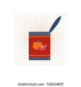 Canned food concept. Freehand drawn cartoon retro style. Tomato soup in can emblem. Tinned fresh vegetables packaging icon. Tin with tomatoes logo template. Vector advertisement label background