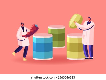 Canned Food Concept. Workers of Canning Factory Put Vegetables in Tinned Containers Metal Packaging. Conserve Soup Product in Can Package. Healthy Goods Grocery Meal. Cartoon Flat Vector Illustration