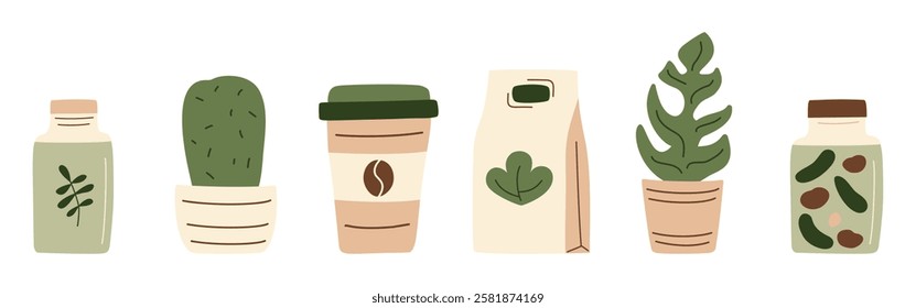 Canned food, cup of coffee, paper bag, plant and cactus in a row. Meal preserved in a glass jar from supermarket or farmer market for eco-friendly design. Vector illustration in organic flat style.