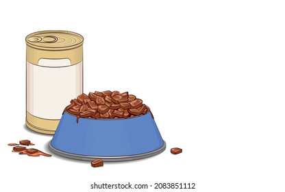 Canned food and a cup of wet pet food. Multi-colored image. Close-up. There is free space for text. Vector illustration.