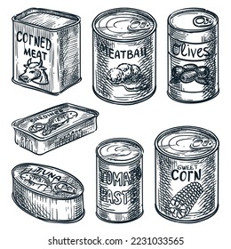 Canned food design elements set isolated on white background. Food in tins hand drawn vector sketch illustration. Grocery supermarket collection. Metal cans and jars icons