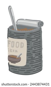 Canned food doodle. Clipart of preserve, camping nourishment. Cartoon vector illustration isolated on white.