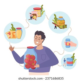 Canned food flat composition with fruit and vegetable preserves vector illustration