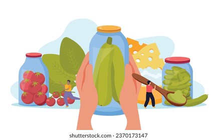 Canned food flat composition with human hands holding glass jar vector illustration