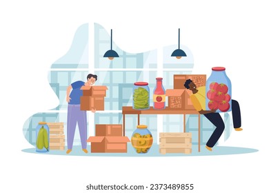 Canned food flat composition with people in grocery store warehouse vector illustration