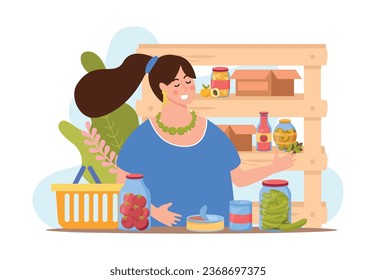 Canned food flat composition with woman in grocery store vector illustration