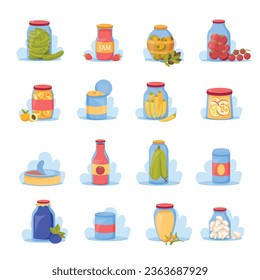 Canned food flat icons set with tin and glass containers isolated vector illustration