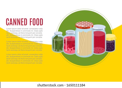 Canned food goods vector illusration banner. Package of various goods canned food glass jars for grocery store and product storage. Canned conserved jams, tomatoes and cucambers.