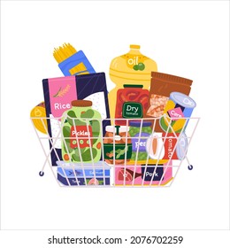 Canned food in grocery basket illustration. Pickles, tomato soup, oil, pasta, sauce, ham, corn, tuna, porridge in donation box. Products with long shelf life in case of emergency concept. Pantry goods