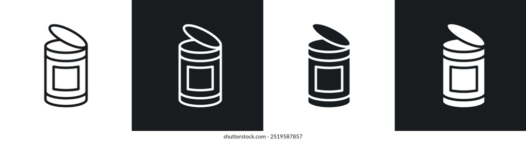 Coleção de ícones de alimentos enlatados em preto-e-branco e estilo de linha de traçado.