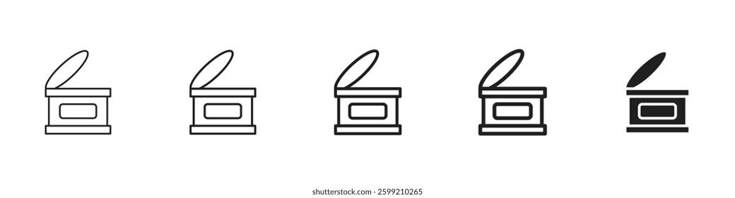 Canned food icons in black outline, solid and colored style