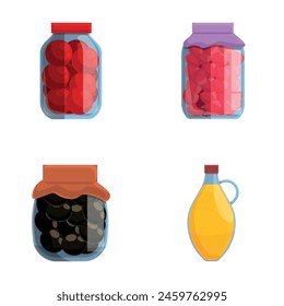 Canned food icons set cartoon vector. Glass jar with various preserved product. Food concept