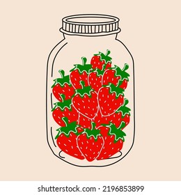 Canned food. Jar with strawberries. Vector in cartoon style. All elements are isolated