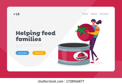 Canned Food Landing Page Template. Female Character on Canning Factory Put Fresh Tomato in Tinned Container. Conserve Product in Can Package. Healthy Goods Grocery Meal. Cartoon Vector Illustration