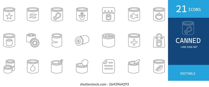 Canned food line icon set featuring preserved vegetables, fish, pantry storage, packaging, and nutrition. Perfect for grocery, supermarket, and healthy food design projects.