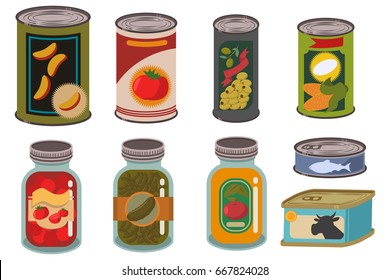 Canned food in metal tin and glass jar vector set. Vegetables, fruits, juices, soups, meat and fish can products. Cartoon illustration of packages with labels isolated on white background.