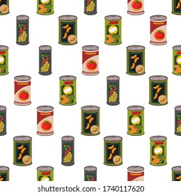 Canned food in metal tin vector cartoon seamless pattern on a white background for wallpaper, wrapping, packing, and backdrop.
