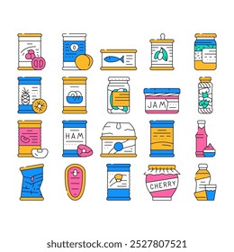 Canned Food Nutrition Collection Icons Set Vector. Canned Peach And Pineapple, Salted Cucumbers And Mushrooms, Sauce And Syrup color Contour Illustrations