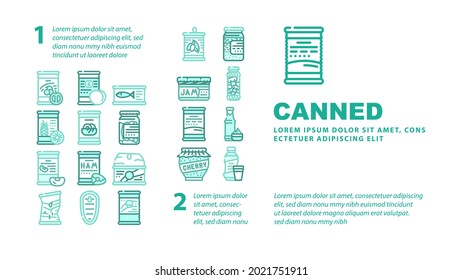 Canned Food Nutrition Landing Web Page Header Banner Template Vector. Canned Peach And Pineapple, Salted Cucumbers And Mushrooms, Sauce And Syrup Illustration