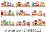 Canned food on shelf, preserved meal in glass, plastic, metal container isolated set on white background. Tinned grocery goods, product stuff on retail showcase or kitchen shelves vector illustration