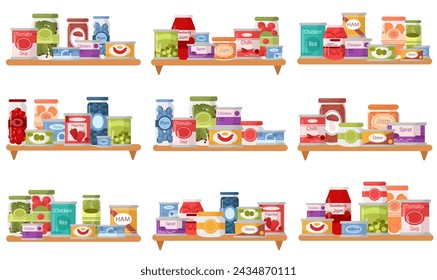 Canned food on shelf, preserved meal in glass, plastic, metal container isolated set on white background. Tinned grocery goods, product stuff on retail showcase or kitchen shelves vector illustration