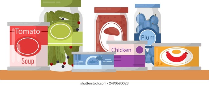 Canned Food On Shelf Vector Illustration