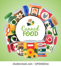 Canned food poster vector illustration. Vegetable product tinned container metal packaging. Soup conserve package can. Healthy goods grocery meal. Canning tinned steel lid shop vegetarian.