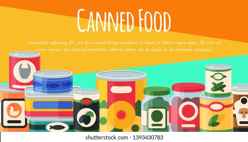 Canned food poster vector illustration. Vegetable product tinned container metal packaging. Soup conserve package can. Healthy goods grocery meal. Canning tinned steel lid shop vegetarian.